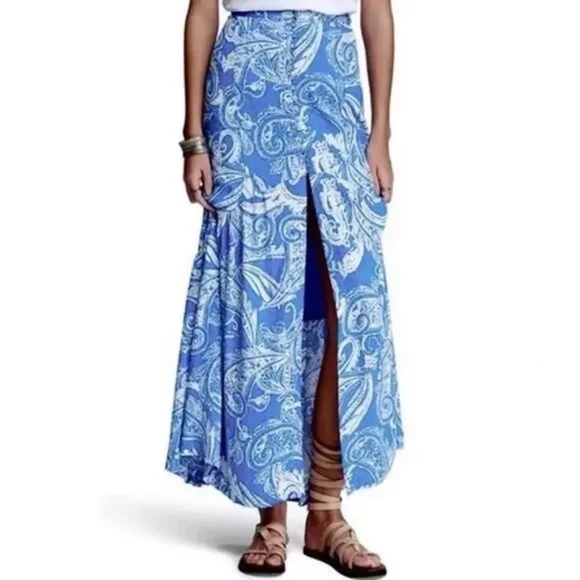 Free People Smooth Sailing Blue and White Paisley Button Maxi Skirt Size 2 - Picture 15 of 15